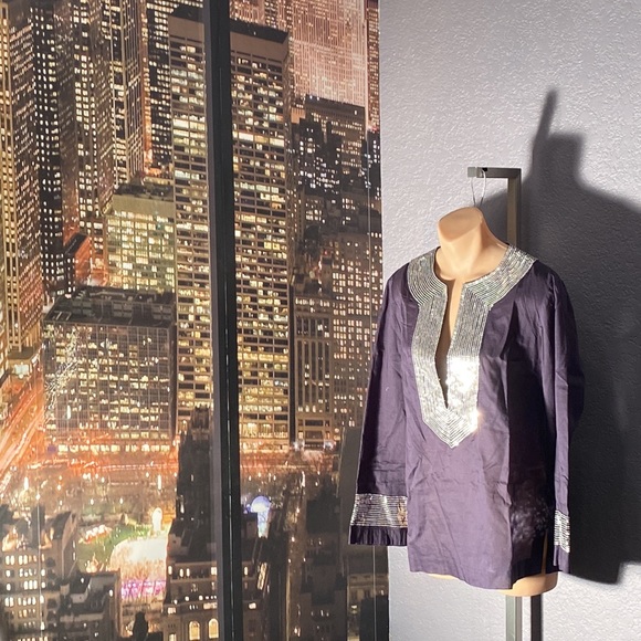 TORY BURCH - top: l/s navy 3/4 slv w silver sequin accents on neck & cuffs - 10 - Picture 5 of 16